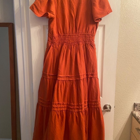Anthropologie Somerset Orange Red Linen Edition Tiered Maxi Midi Summer Dress M - Picture 3 of 8